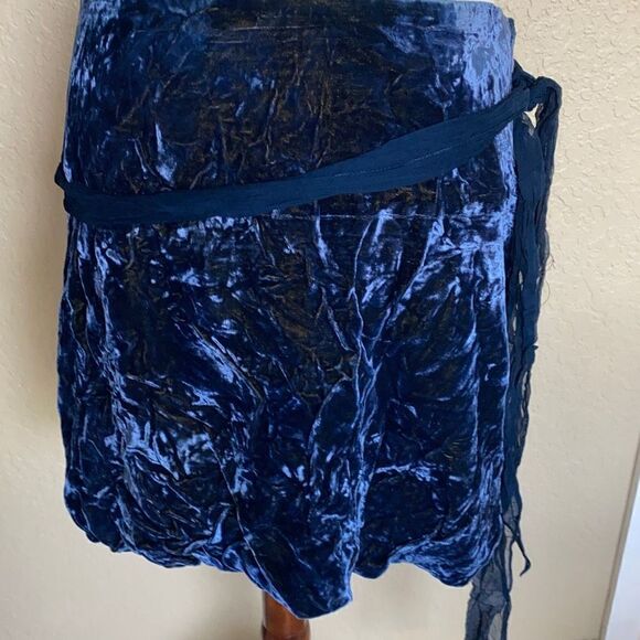 Samantha Treacy blue/yellow silk/velvet skirt w/long belt tie Sz 10 - Picture 2 of 8